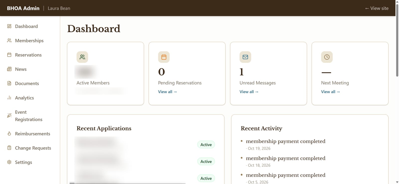 Screenshot of the Burland HOA admin dashboard with member counts, pending reservations, unread messages, recent applications, and recent activity, with member details blurred