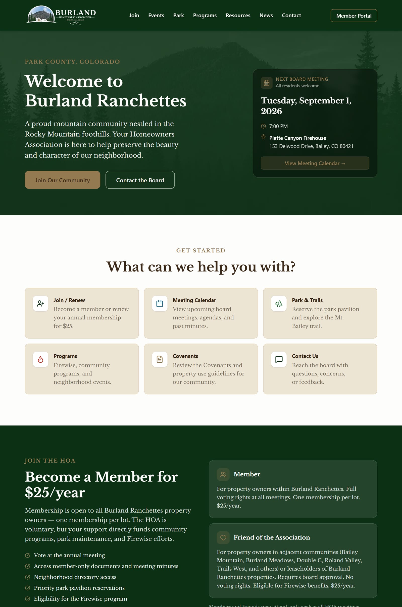 Screenshot of the new Burland Homeowners Association homepage with a forest green header, a next board meeting card, and six large buttons for common tasks