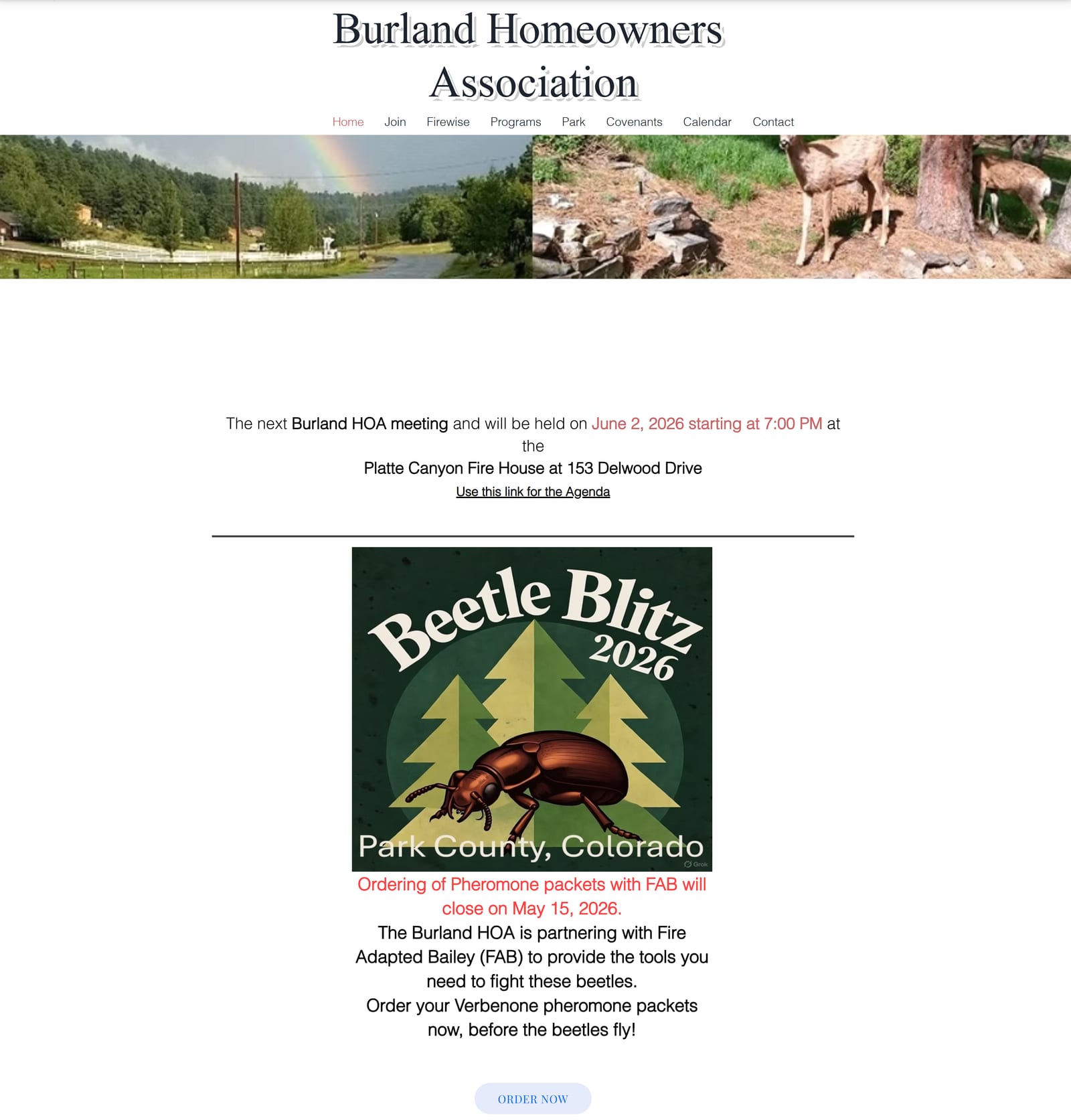 Screenshot of the previous Burland Homeowners Association website built on Wix, with a plain text header, a small row of navigation links, and a long page of announcements