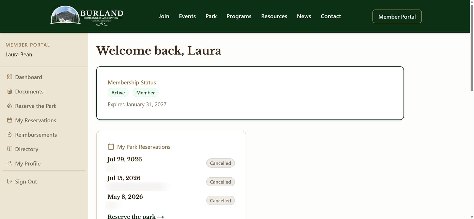 Screenshot of the Burland member portal dashboard showing membership status and park reservations, with a sidebar for documents, reserving the park, reimbursements, and the directory
