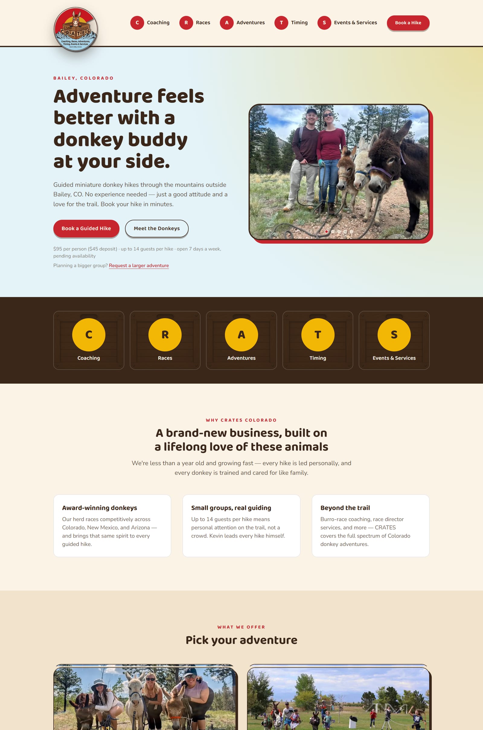 Screenshot of the CRATES Colorado homepage with the headline Adventure feels better with a donkey buddy at your side, a photo of two hikers with donkeys, and navigation built from the letters C, R, A, T, and S