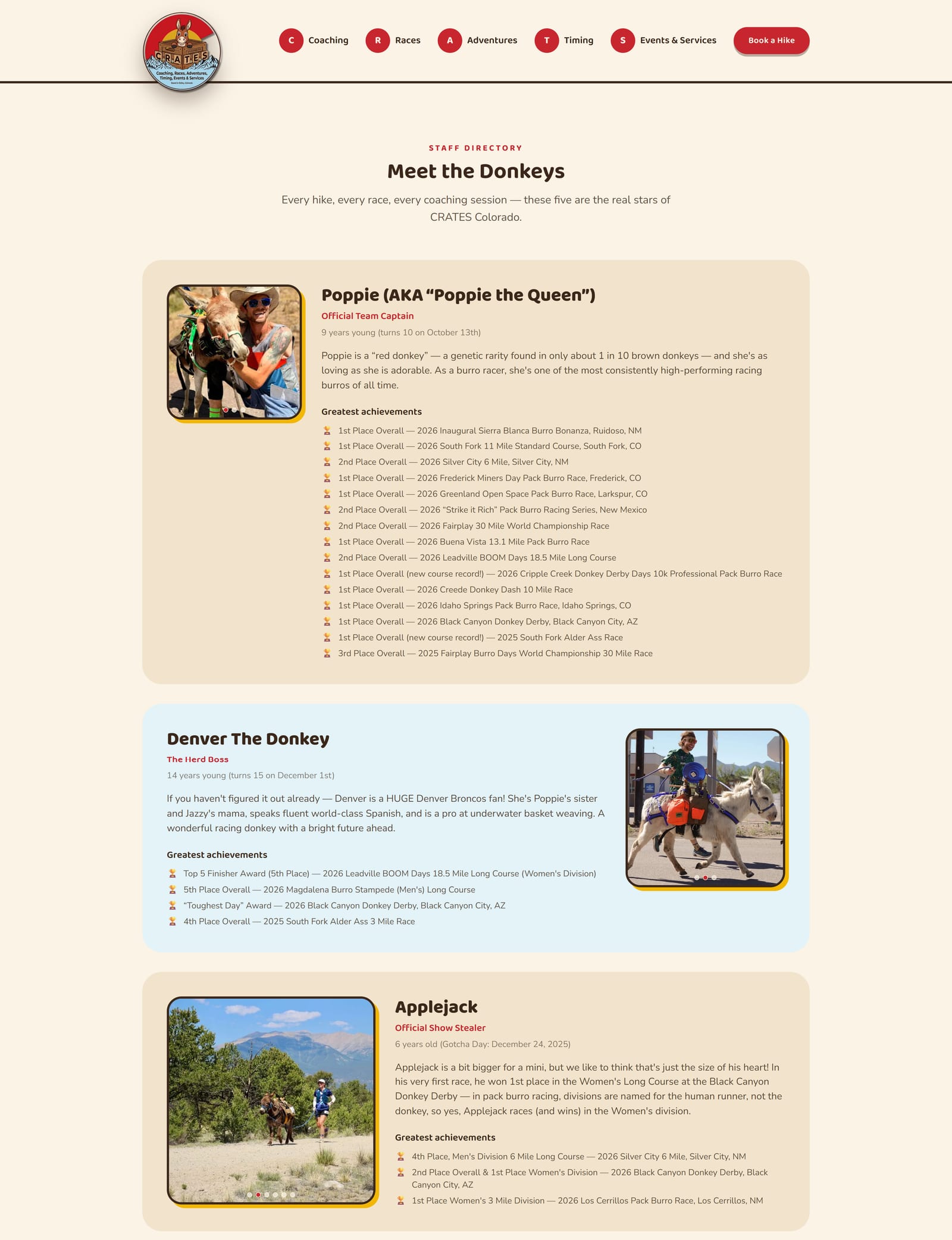 Screenshot of the Meet the Donkeys page, a staff directory with photos and race achievements for Poppie, Denver, and Applejack