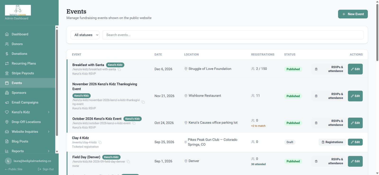Screenshot of the event management screen listing upcoming events with dates, locations, registrations, and status