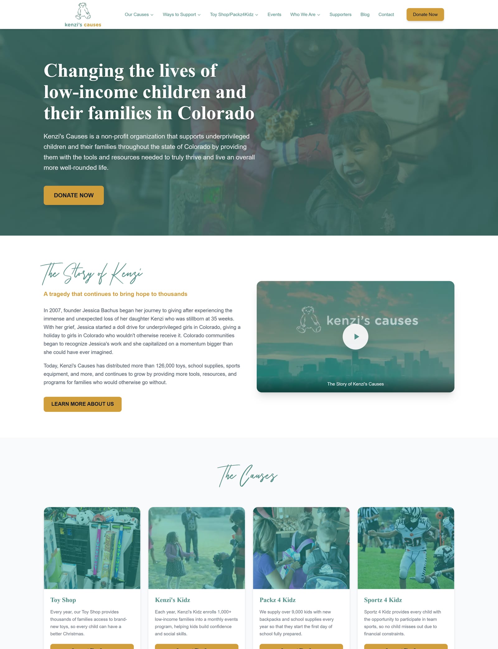 Screenshot of the new Kenzi's Causes homepage with a teal hero, the headline Changing the lives of low-income children and their families in Colorado, and a gold Donate Now button