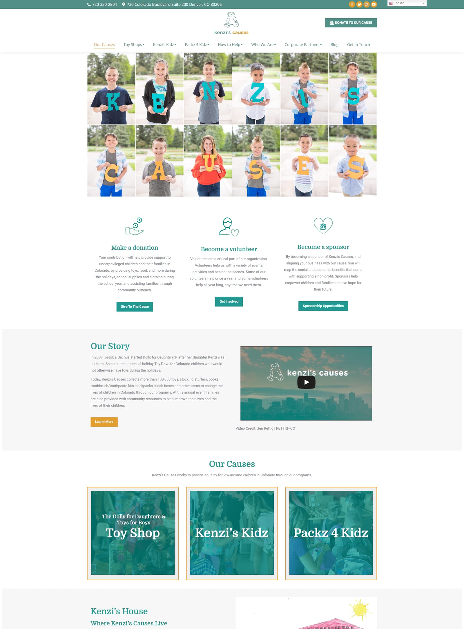 Screenshot of an earlier version of the Kenzi's Causes WordPress homepage, with a grid of children holding the letters of the name