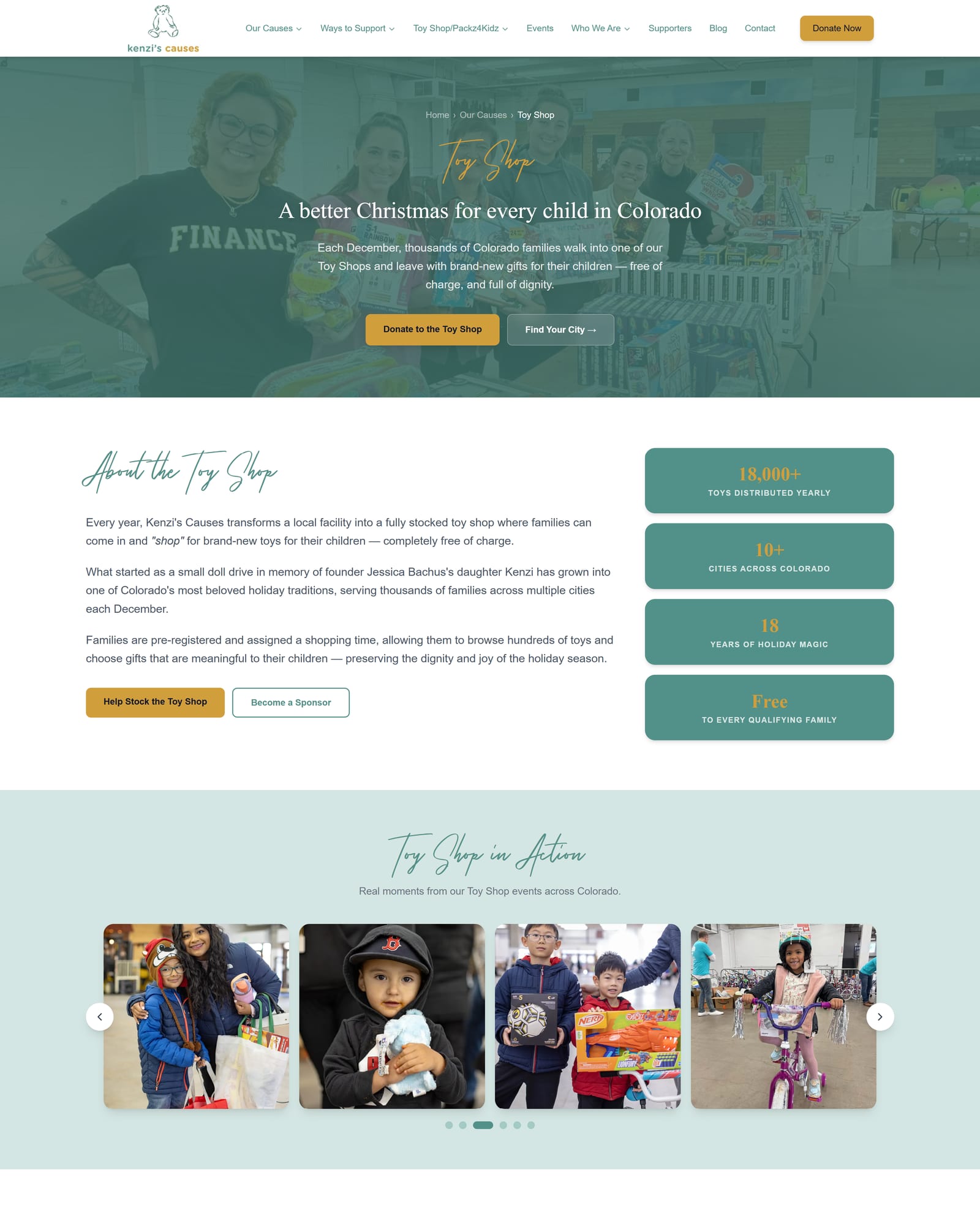 Screenshot of the new Toy Shop page for Kenzi's Causes, with a hero image of volunteers, impact statistics, and a photo carousel