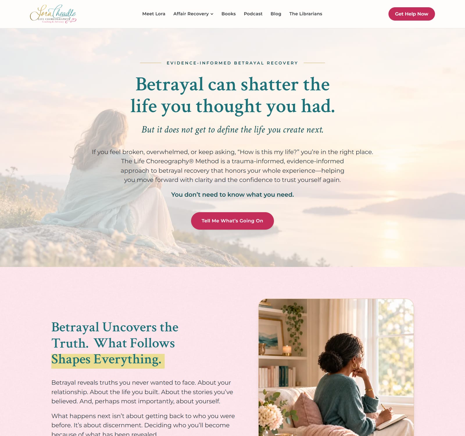 Screenshot of Lora Cheadle's new homepage, with a soft sunrise photo header and the headline Betrayal can shatter the life you thought you had