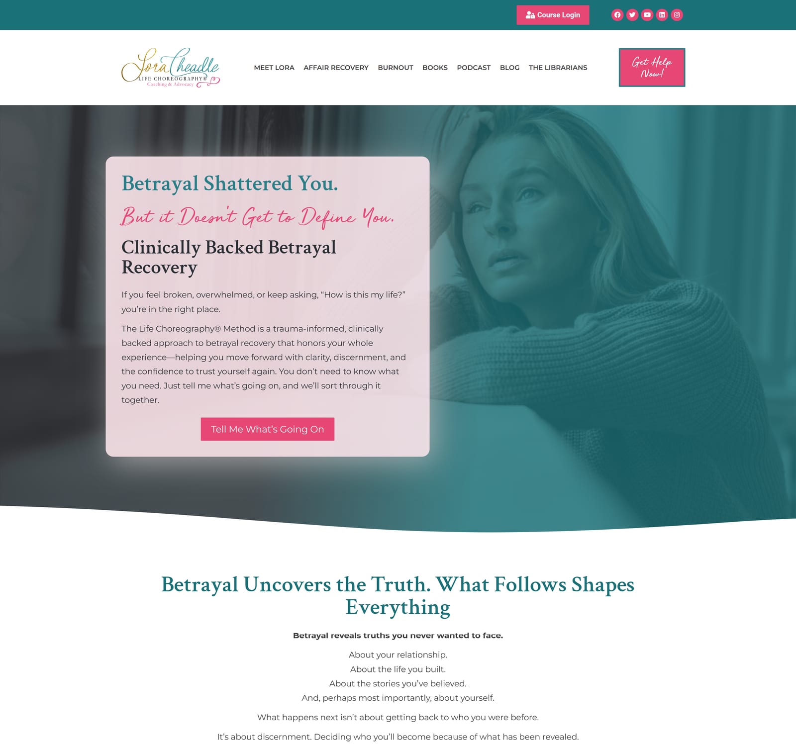 Screenshot of Lora Cheadle's previous WordPress homepage, with a teal-tinted photo header and a pink text box