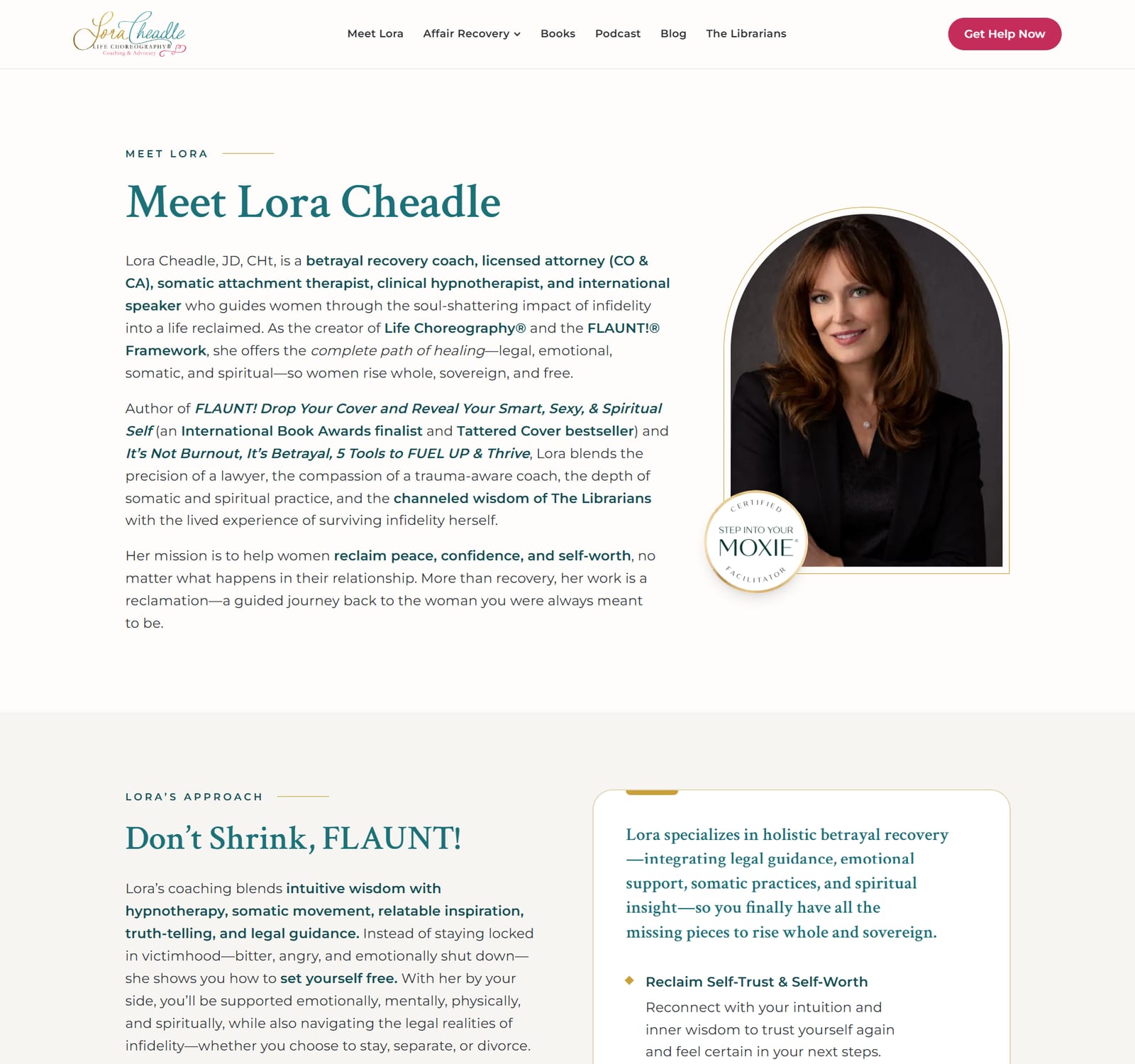 Screenshot of the redesigned Meet Lora page with an arched portrait and cleaner typography