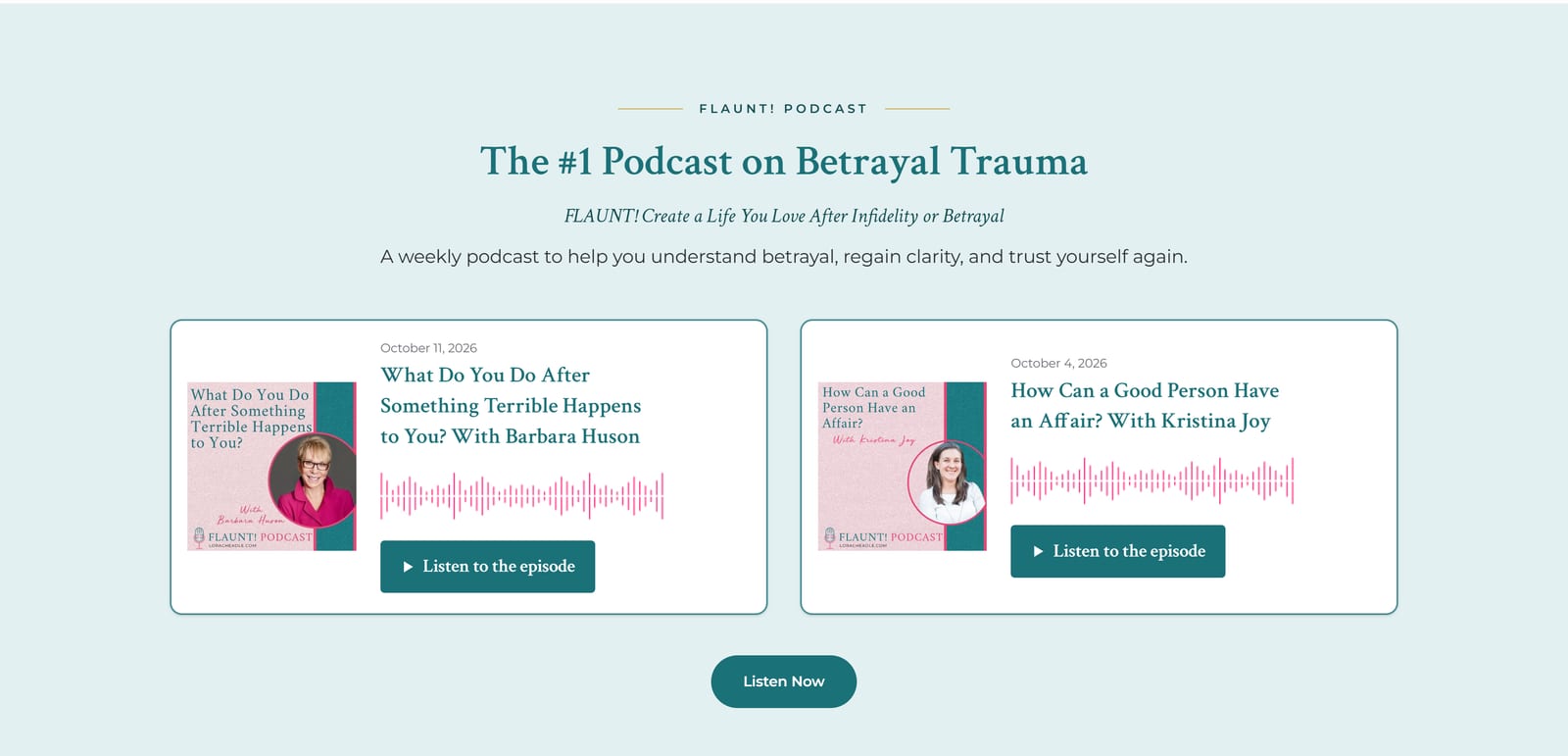 The FLAUNT! podcast section of Lora's new homepage showing her two most recent episodes